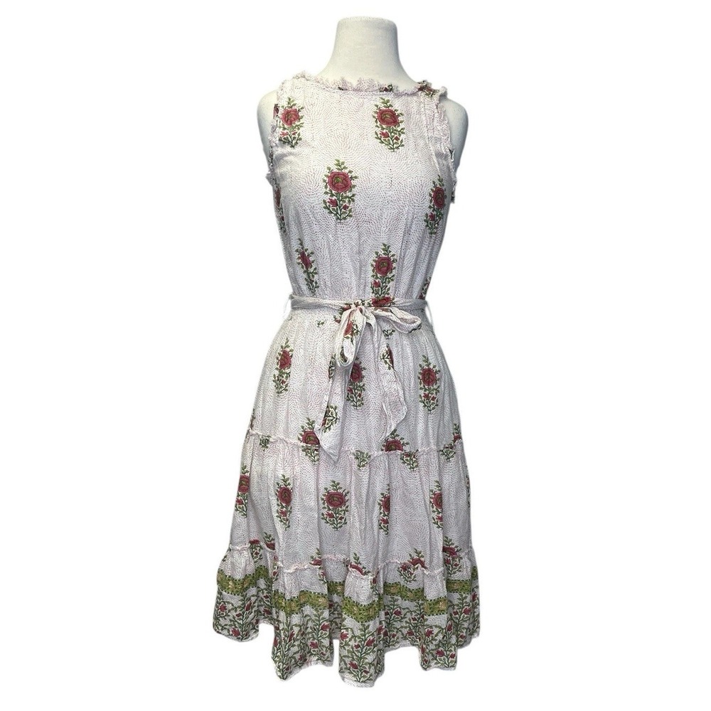 Roller Rabbit Valley Floral Naoki Dress XS Boho Cotton Ruffle Tiered Belt Ruffle